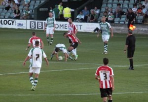 The foul that led to Brendan Malone sending off Tommy Doherty. (c) Exeweb.