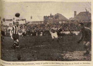 1934 Yeovil and Petters UNited. FA Cup action. Chesters in the Exeter goal.