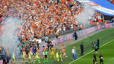Picture of Blackpool and Exeter players entering the pitch at Wembley