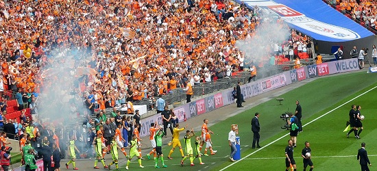 Picture of Blackpool and Exeter players entering the pitch at Wembley